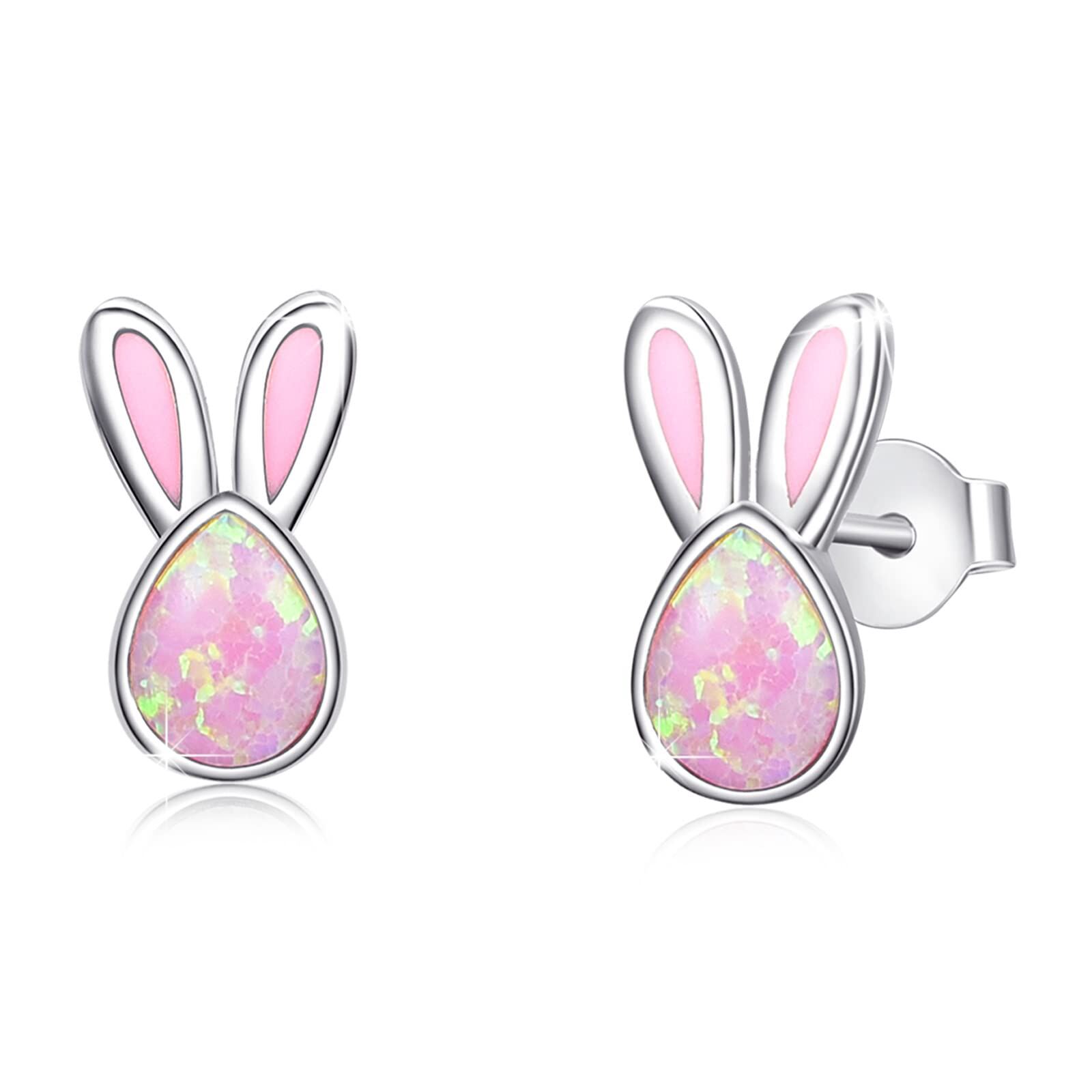 Sterling Silver Pink Opal Bunny Ears Rabbit Earrings Pink Bunny Earrings-0-0