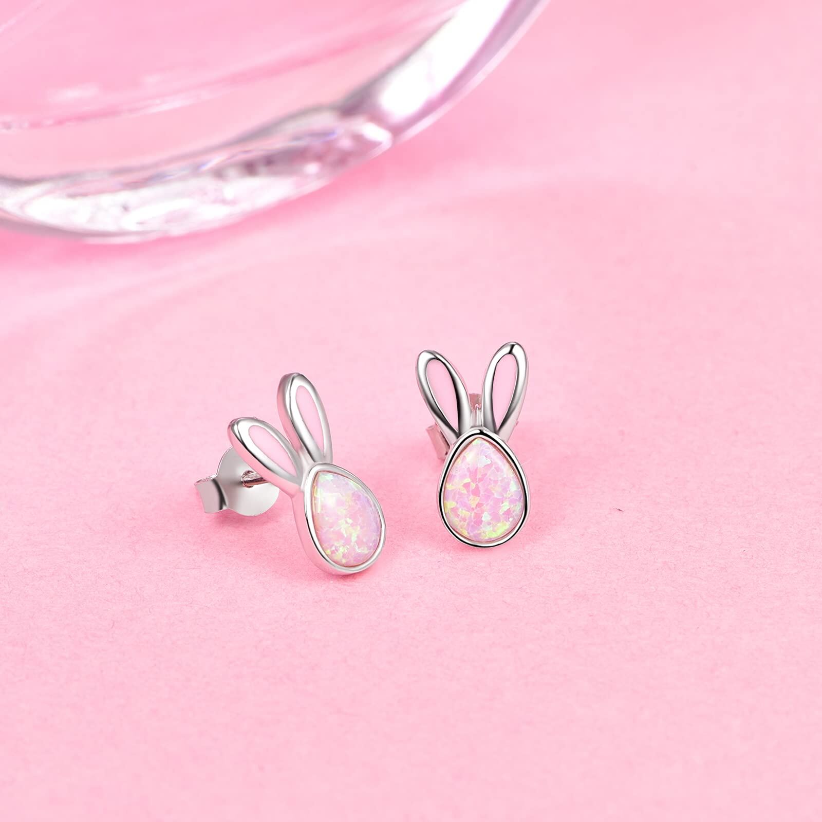 Sterling Silver Pink Opal Bunny Ears Rabbit Earrings Pink Bunny Earrings-0-4