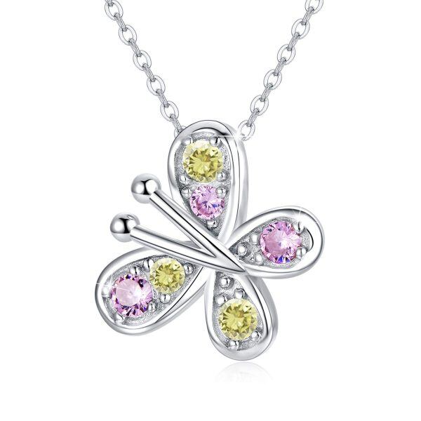 Sterling Silver Butterfly Pendant Necklaces with Pink Yellow 5A Cubic Zirconia-0