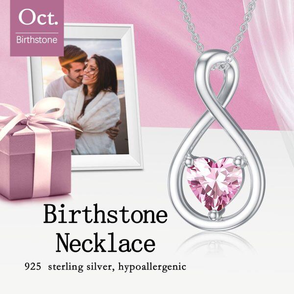 Sterling Silver Infinity Pink Cubic Zirconia Pendant Necklaces with October Birthstone-5