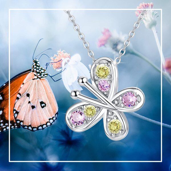 Sterling Silver Butterfly Pendant Necklaces with Pink Yellow 5A Cubic Zirconia-5