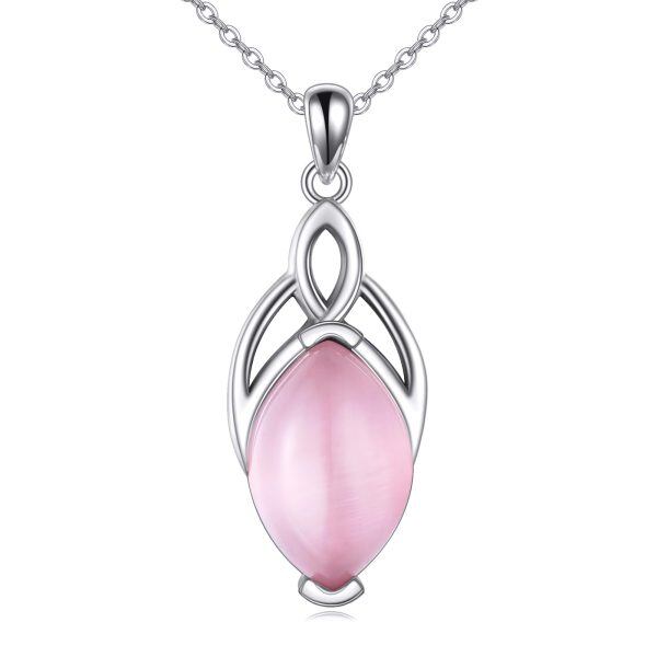 Sterling Silver Celtic Knot Pink Cat's Eye Pendant Necklaces-0