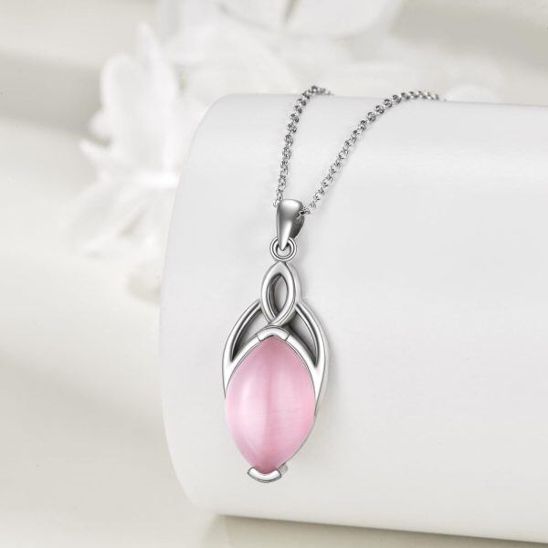 Sterling Silver Celtic Knot Pink Cat's Eye Pendant Necklaces-4