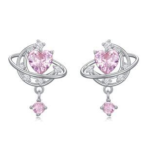 Sterling Silver Moon Stud Earring with Pink Cubic Zirconia-0