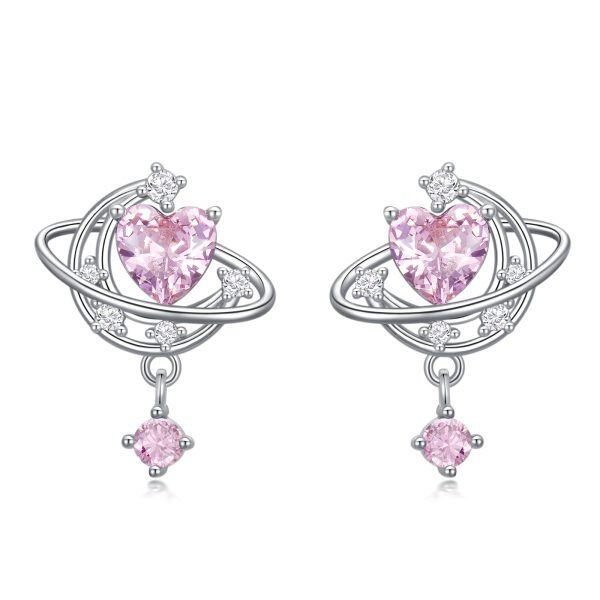 Sterling Silver Moon Stud Earring with Pink Cubic Zirconia-0