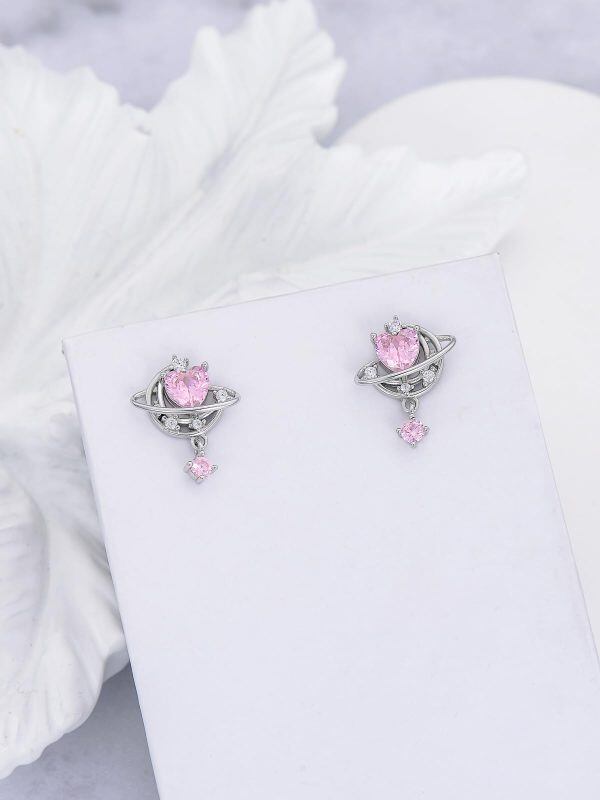 Sterling Silver Moon Stud Earring with Pink Cubic Zirconia-3