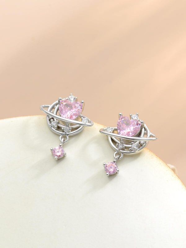 Sterling Silver Moon Stud Earring with Pink Cubic Zirconia-4