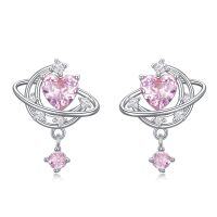 wholesale 925 Sterling Silver Pink Heart Galaxy Dangle Drop Earrings with Cubic Zirconia- Rhodium Plated