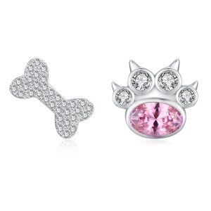 Sterling Silver Bone & Pink Paw Print Stud Earring with Cubic Zirconia-0