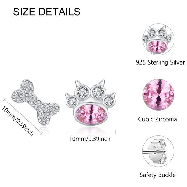 Sterling Silver Bone & Pink Paw Print Stud Earring with Cubic Zirconia-1