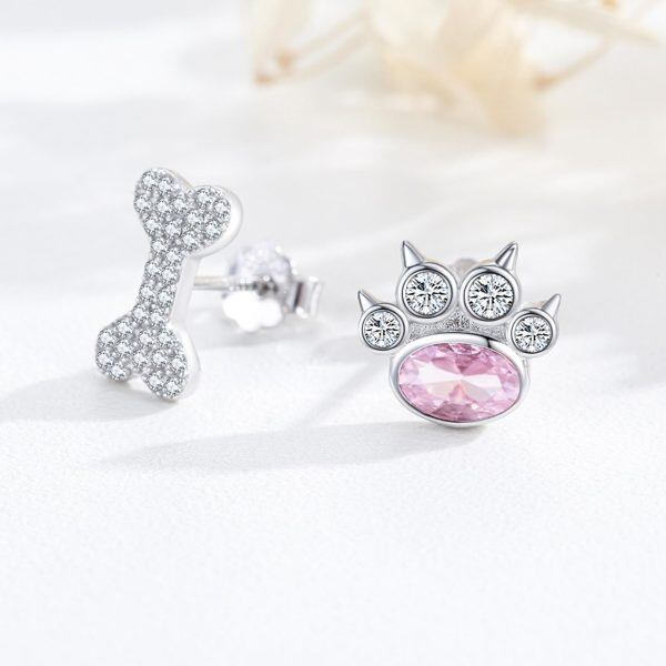 Sterling Silver Bone & Pink Paw Print Stud Earring with Cubic Zirconia-4