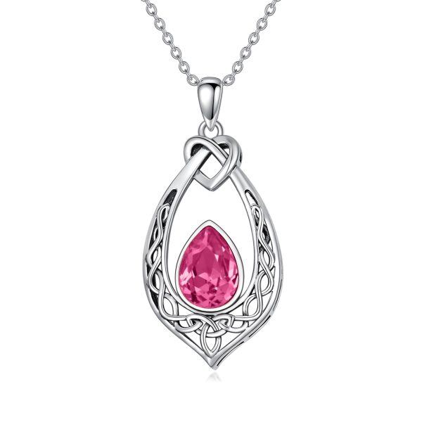 Sterling Silver Oxidized Celtic Knot Pink Crystal Pendant Necklaces with October Birthstone-0