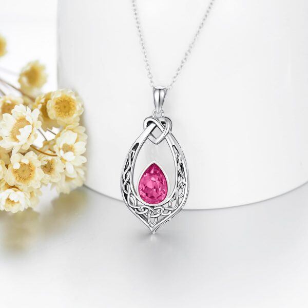 Sterling Silver Oxidized Celtic Knot Pink Crystal Pendant Necklaces with October Birthstone-3