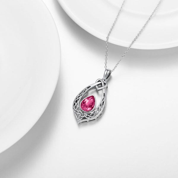 Sterling Silver Oxidized Celtic Knot Pink Crystal Pendant Necklaces with October Birthstone-4