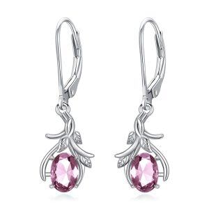 Sterling Silver Leaf and Pink October Birthstone Dangle Earrings-0