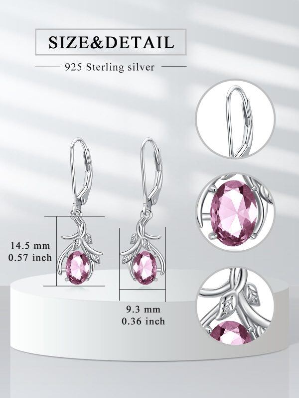 Sterling Silver Leaf and Pink October Birthstone Dangle Earrings-1