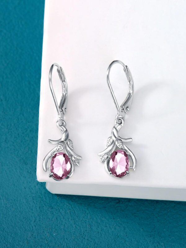 Sterling Silver Leaf and Pink October Birthstone Dangle Earrings-3