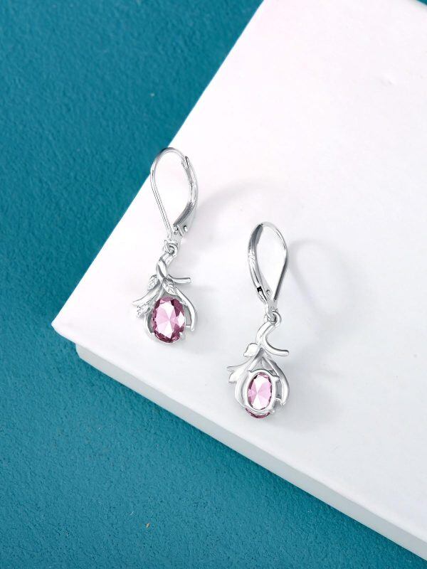 Sterling Silver Leaf and Pink October Birthstone Dangle Earrings-4