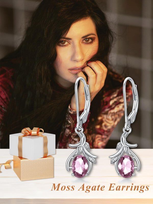 Sterling Silver Leaf and Pink October Birthstone Dangle Earrings-5