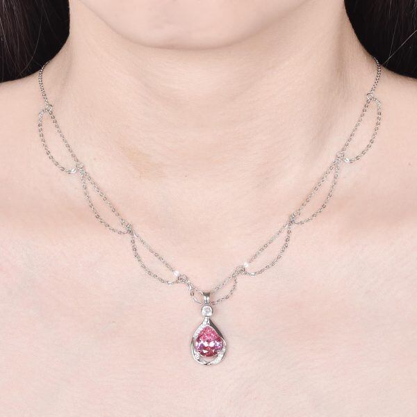 Sterling Silver Pink October Birthstone Pendant Necklaces-2