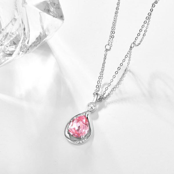 Sterling Silver Pink October Birthstone Pendant Necklaces-4