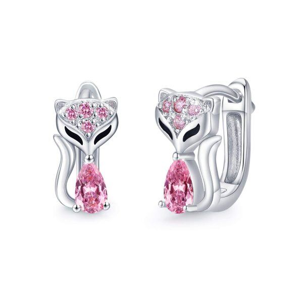 Sterling Silver Pink Fox Huggie Earrings with Cubic Zirconia-0