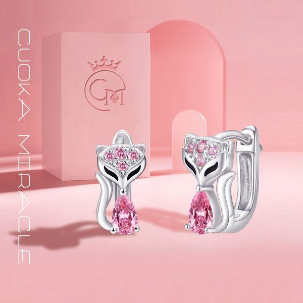 Sterling Silver Pink Fox Huggie Earrings with Cubic Zirconia-5