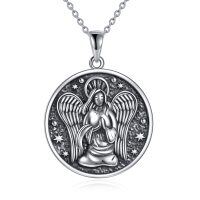 wholesale 925 Sterling Silver Guardian Angel Round Medal Pendant Necklace s for Women Girls- Oxidized/Oxidised