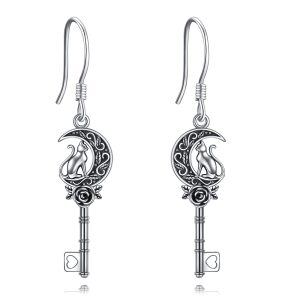 Sterling Silver Oxidized Cat Key Dangle Earrings-0