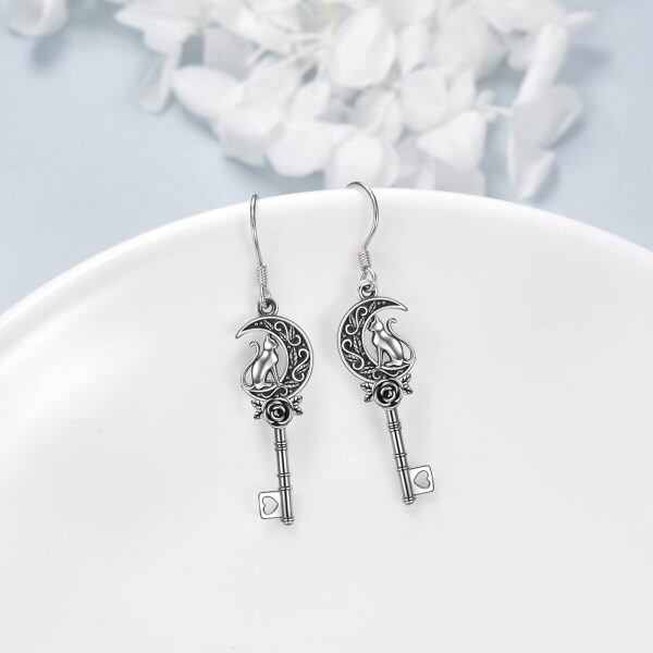 Sterling Silver Oxidized Cat Key Dangle Earrings-3