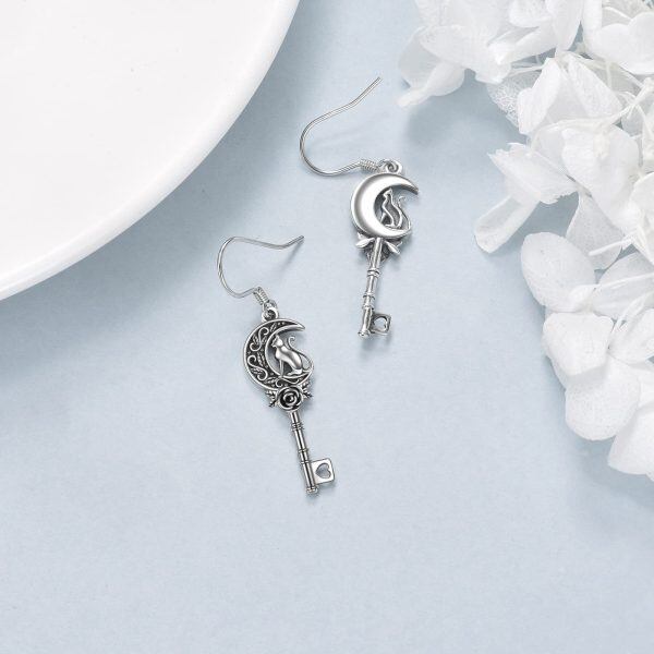 Sterling Silver Oxidized Cat Key Dangle Earrings-4