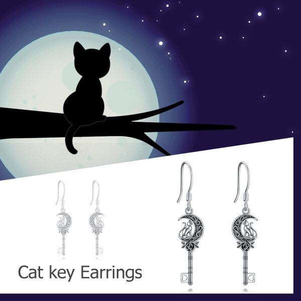 Sterling Silver Oxidized Cat Key Dangle Earrings-5