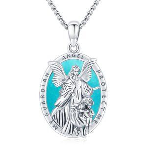 Sterling Silver Turquoise Guardian Angel Pendant Necklaces with Stainless Steel Chain-0