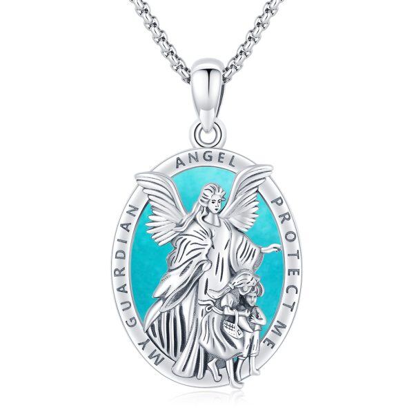 Sterling Silver Turquoise Guardian Angel Pendant Necklaces with Stainless Steel Chain-0