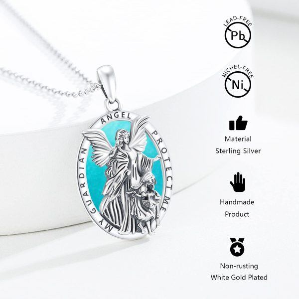 Sterling Silver Turquoise Guardian Angel Pendant Necklaces with Stainless Steel Chain-4