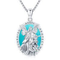 wholesale 925 Sterling Silver Guardian Angel Protect Me Blue Stone Pendant Necklace- Oxidized/Oxidised