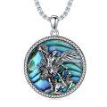 wholesale 925 Sterling Silver Round Abalone Shell Saint Michael Archangel Pendant Religious Necklace Christian  for Men Women Kids 22 + Extender Chain-0-0