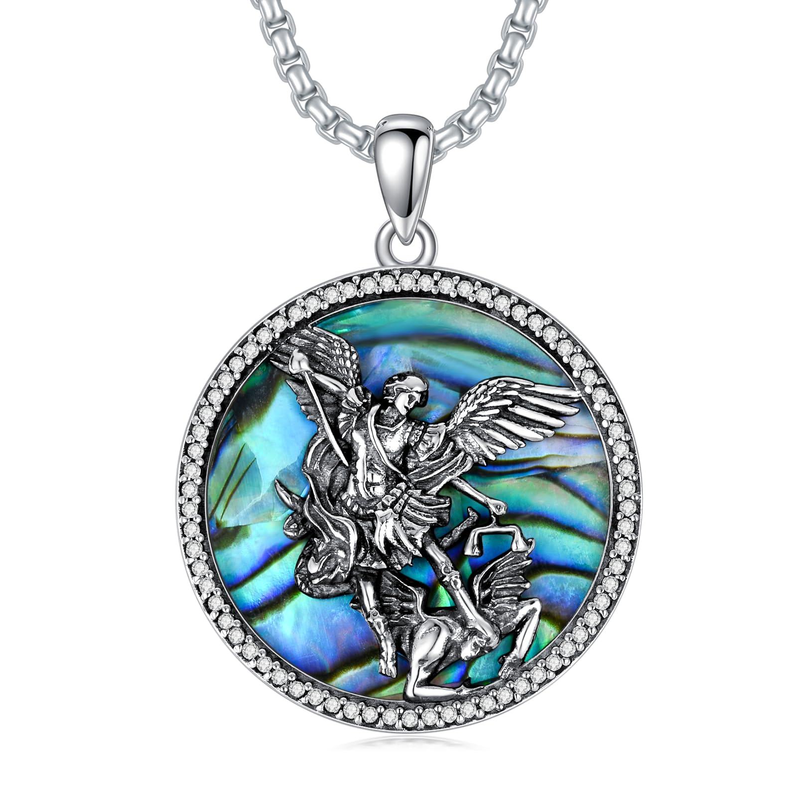Sterling Silver Abalone  St Michael Archangel Pendant Religious Necklace Christian Jewelry Gift for Men Women Kids 22+2 Steel Chain - Oxidized/Oxidised- Oxidized/Oxidised