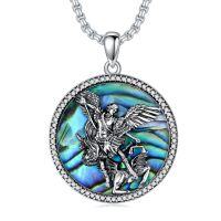 wholesale 925 Sterling Silver Round Abalone Shell Saint Michael Archangel Pendant Religious Necklace Christian  for Men Women Kids 22 + Extender Chain- Oxidized/Oxidised