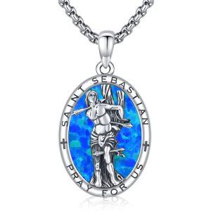 Sterling Silver Opal Saint Sebastian Medal Pendant Necklaces with Stainless Steel Chain-0