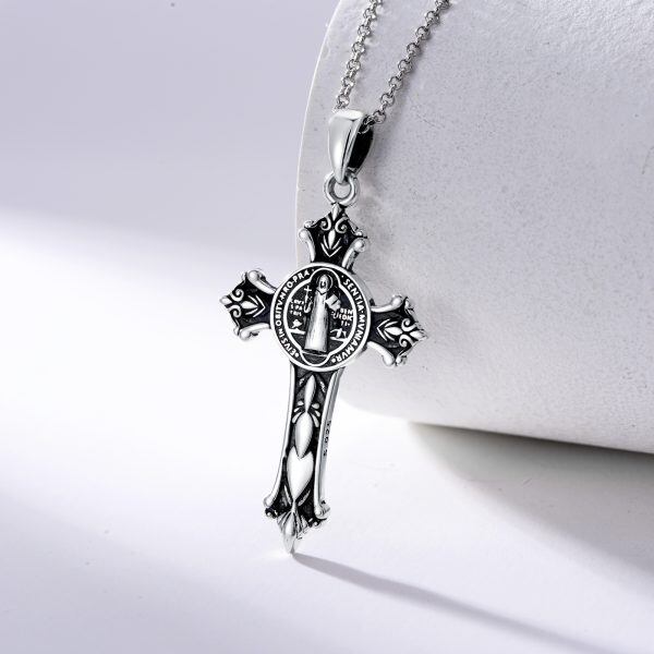 Sterling Silver Saint Cross Benedict Pendant Necklaces-4