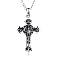wholesale 925 Sterling Silver Cross Pendant with St. Benedict Charm and Chain for Men Women Religious  48cm Length- Oxidized/Oxidised