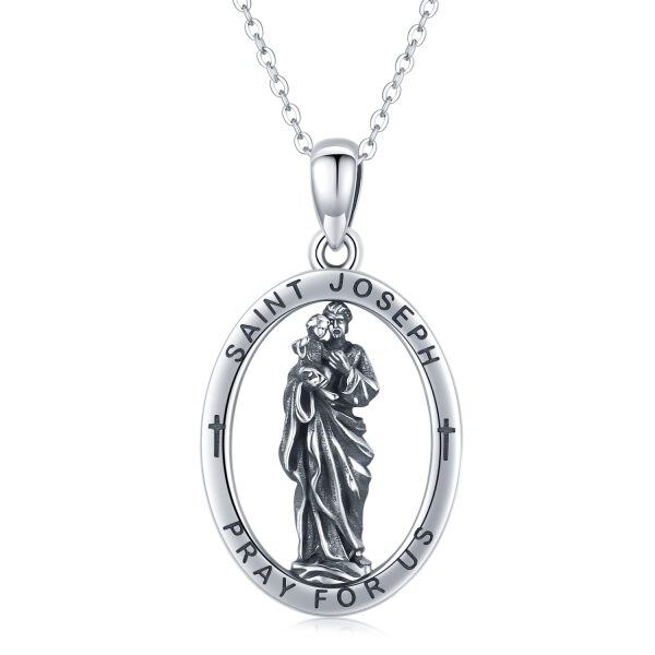 Sterling Silver Oval medal Saint Joseph Pendant Necklaces-0