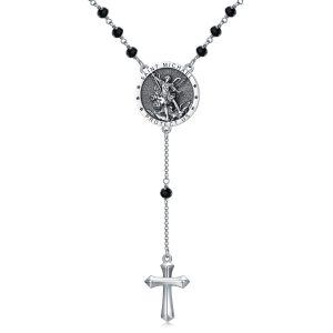 Sterling Silver Saint Michael Chaplet Cross Pendant Necklaces with Black Stone Bead Chain-0