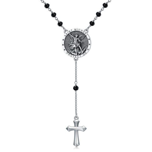 Sterling Silver Saint Michael Chaplet Cross Pendant Necklaces with Black Stone Bead Chain-0