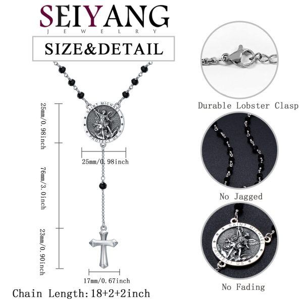 Sterling Silver Saint Michael Chaplet Cross Pendant Necklaces with Black Stone Bead Chain-1