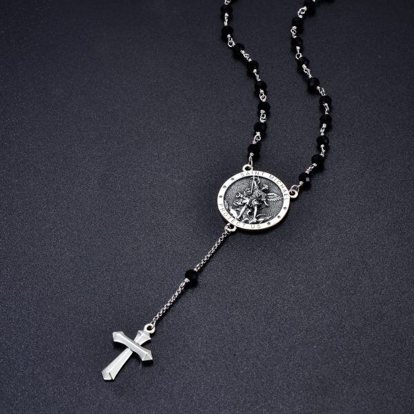 Sterling Silver Saint Michael Chaplet Cross Pendant Necklaces with Black Stone Bead Chain-3