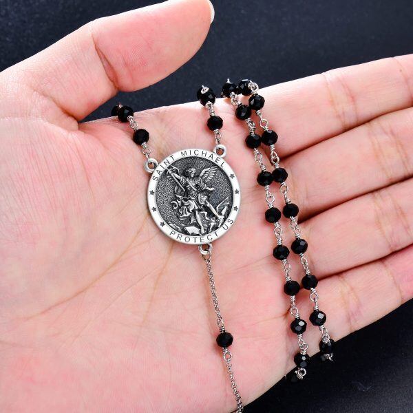 Sterling Silver Saint Michael Chaplet Cross Pendant Necklaces with Black Stone Bead Chain-5