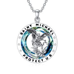 Sterling Silver St Michael Pendant Necklaces with Crystal Circle-0