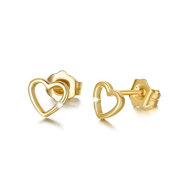 14K Solid Gold Natural Round Diamond Heart Stud Earrings -5